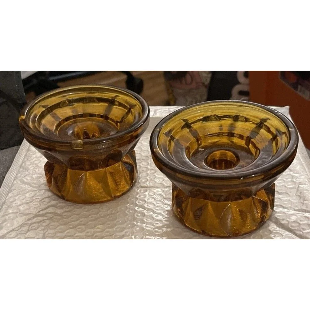 Vintage Antique Amber Glass Pedestal MULTI TYPE Candle Holder -Orig Sticker